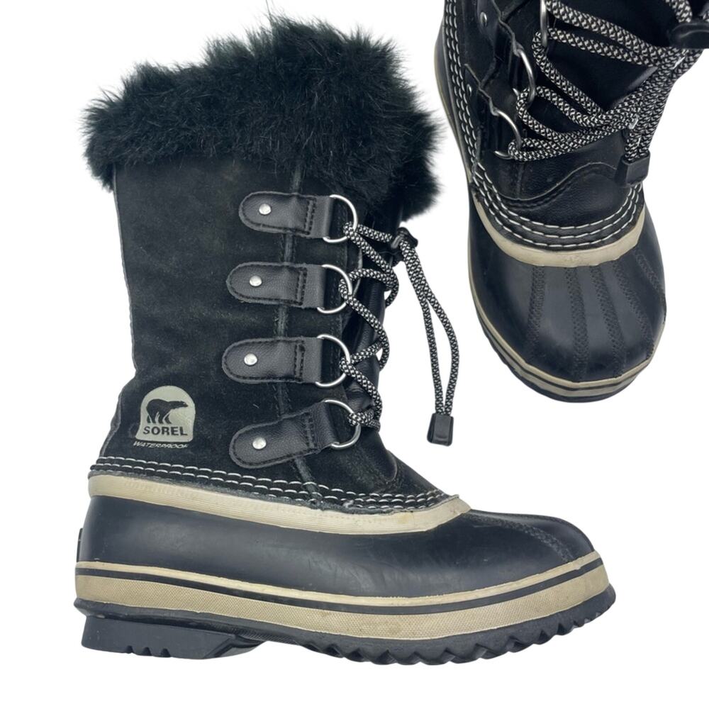 Sorel Youth Joan Of Arctic Black Oyster Duck Boots Winter Fur Lined Size 2